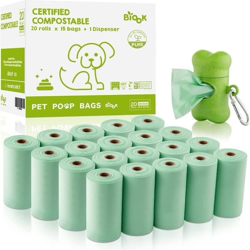 300 Count Biodegradable Dog Waste Bags: Certified Compostable, Easy Detach, 15 Bags per Roll, 9 X 13 Inch Size